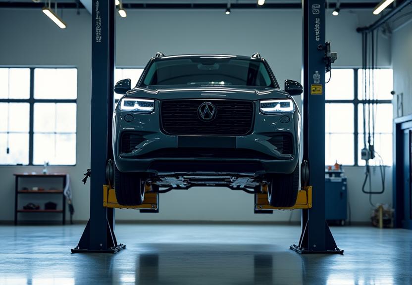 Ein SUV wird für eine Inspektion angehoben.