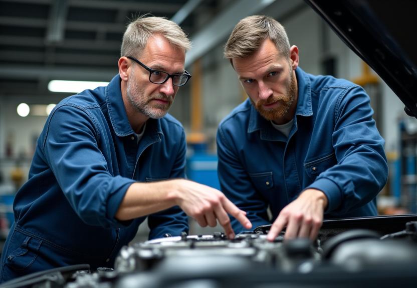 Zwei Mechaniker arbeiten gemeinsam an einem Motor.