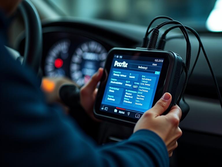 Mechaniker bei der Fahrzeugdiagnose mit modernem Gerät.